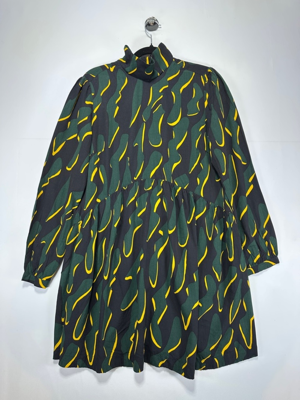Q/S Abstract Print Mini Dress Mock Neck Green Yellow Tiered Babydoll 36EU